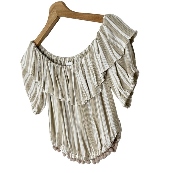 Lovers & Friends Alicia Striped Off The Shoulder Pom Pom Crop Top - Picture 7 of 9